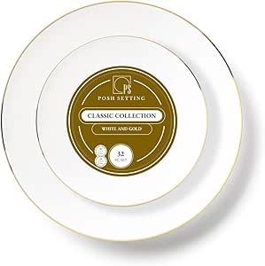 32 Piece Gold Plastic Plates - 16 Dinner Plates and 16 Salad Plates | Plastic Plates For Parties | Gold Plates | Party Plates | Wedding Plates | Disposable Plates For Parties