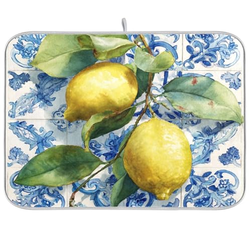 Lemons Tile Blue Dish Drying Mat for Kitchen Counter Mats Super Absorbent Reversible Microfiber Kitchen Countertop Protector Dishes Pad Large 18x24 inch