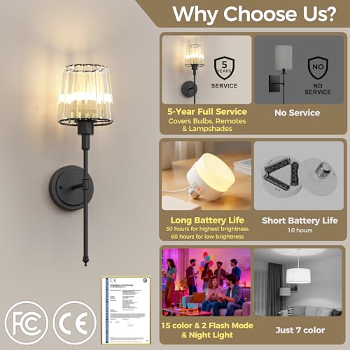 Image of DORESshop Battery Operated Wall Sconce Set of 2, Wireless Wall Light, 15 Color Rechargeable Wall Sconces, Sconce Wall Decor Set of 2 for Bedroom, Living Room, Black and Crystal, 24.6in