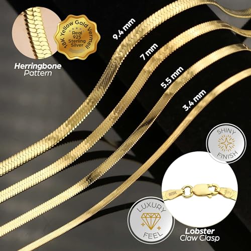 Herringbone Chain Necklace for Women Men 18K Gold Over Italian 925K Stamped Solid Sterling Silver, 3.4mm-5.5mm-7mm-9.4mm-11mm Wide Flat Snake Chain, Made in Italy4