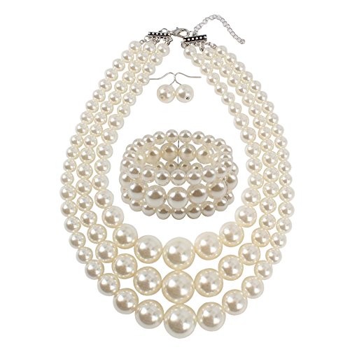 KOSMOS-LI Big Big Pearl Jewelry Set Stocking Stuffers 3 Layer Simulated Ivory Pearl Women's Statement 18" Necklace Bracelet and Earrings