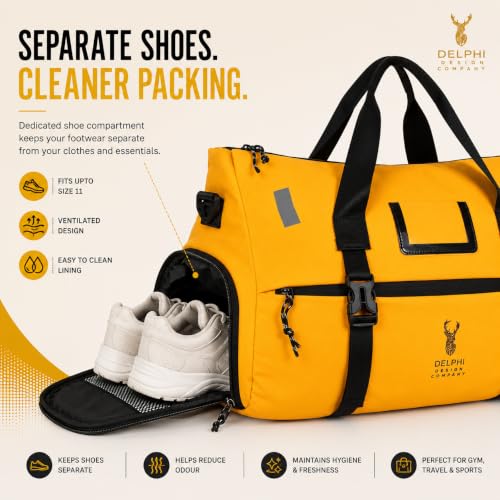 Image of Delphi Design Waterproof Gym & Travel Duffel Bag for Men & Women | Multi-Compartment Weekender Bag with Shoe Compartment, Dry-Wet Separation & Yoga Mat Holder | Spacious Sports & Travel Bag | Yellow