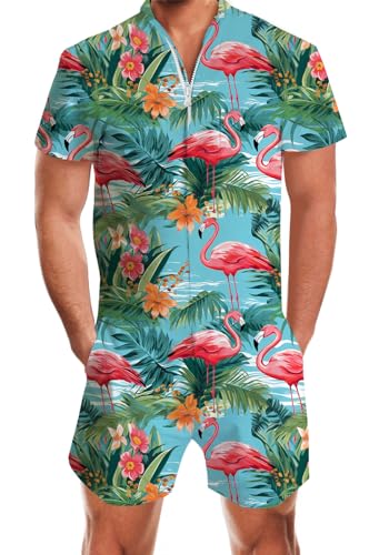 Goodstoworld Mens Romper Adult Male Men Overalls Jumper Man Bro Guys 3D Graphic Hawaiian Flamingo Jumpsuit Printed Pant Rave Outfits Shirt Zipper Cargo Slim Fit One Piece with Pocket