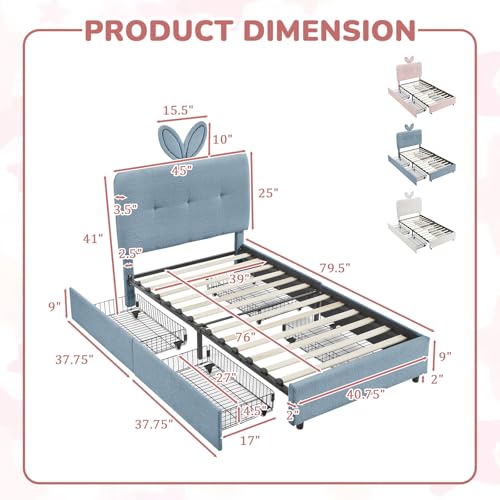 Image of Twin Led Bed Frame with 4 Storage Drawer, Upholstered Platform Floor Bed with Rabbit Ear Headboard Daybed Strong Wooden Slats No Box Spring Needed for Kids Girls Boys, Blue