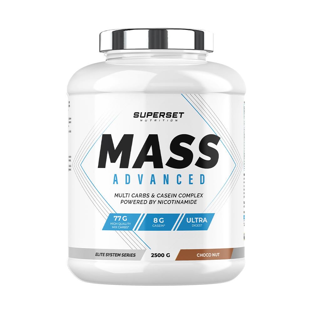 Superset Nutrition | Programme Prise De Masse Avancé - Mass Advanced 2,5kg Choco Nut - Créatine Hardcore 1,5 kg Ice Tea Pêche | Augmente la prise de masse et intensifie la force et le volume