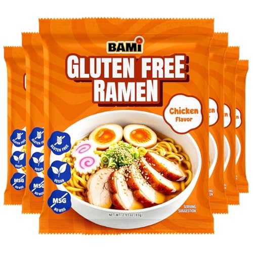 BAMI Gluten Free Ramen Noodles Chicken Flavour Vegan No MSG Restaurant grade. Vegan Noodles Gluten Free Super noodles from brown & White rice 6 Pack 83g Each