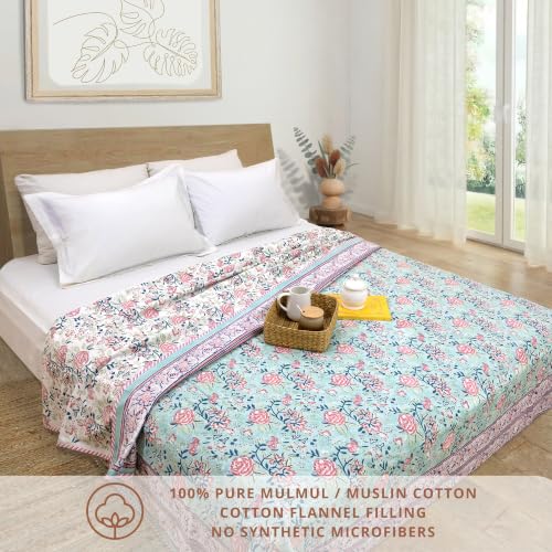 Image of TOAIArt Premium Jaipuri Dohar | AC Blanket Summer Quilt | Hand Block Printed | 3 Layers | Reversible | 150GSM 100% Mulmul Cotton | 100% Cotton Flannel Filling | King 108 inch X 90 inch|Rose on Green