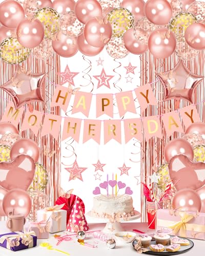 Image of Lutoys Rose Gold Happy Mothers Day Decorations, Happy Mother's Day Banner, Rose Gold Foil Heart Star Confetti Balloons Curtain Backdrop Hanging Swirls Party Decor for Mom Women