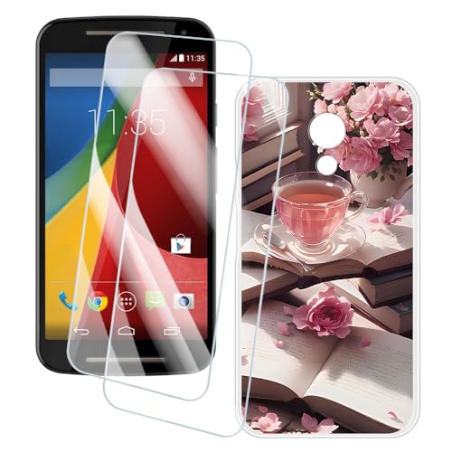 OAGELIM 2 Pack Screen Protector + Case Compatible with Motorola Moto G 2nd Gen (5 inch) Case Artistic Cover and Tempered Glass Film Anti-Scratch (Pink Afternoon)