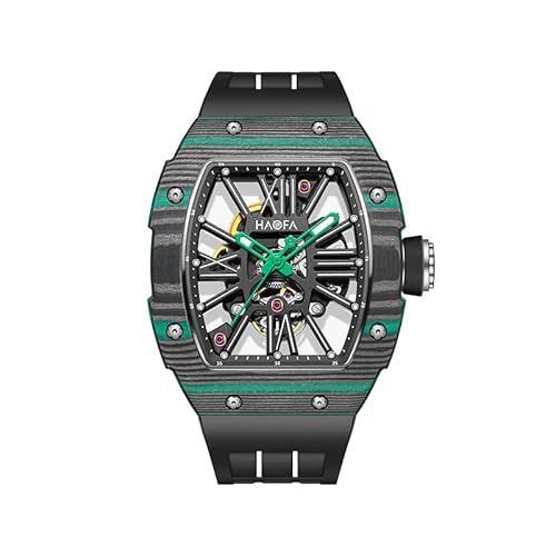 Haofa 腕時計 メンズ 自動巻き スケルトン 炭素繊維ケース 機械式時計 防水 スポーツ ラグジュアリー ファッション カジュアル ウォッチ 樽型 トノー型 シリコンバンド 紳士 ビジネス ファッション