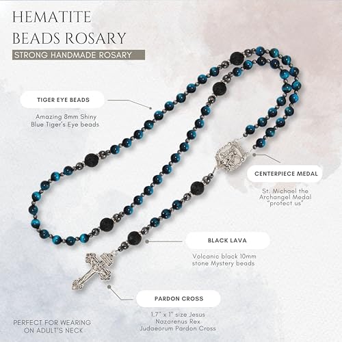 Nazareth Store Blue Tiger's Eye Rosary Beads for Men, Catholic Rosary Necklace with Lava Mystery Beads, Strong Rosary Cross Necklace in Portable Gift Box4