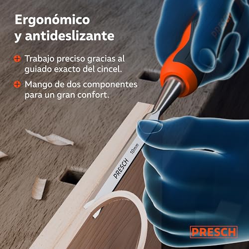 Miniatura 7 de Presch Cincel Para Madera 10mm - Perfectamente Afilado Para Uso Inmediato - Profesional Con Ángulo De Cuña De 25 - Robusta Caperuza De Impacto Metálica - Mango Ergonómico Para Un Agarre Seguro