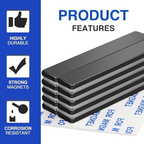 Image of MIKEDE Heavy Duty Magnets, 12 Pack Strong Neodymium Magnets Heavy Duty Bar Magnet with Double-Sided Adhesive,Powerful Small Rare Earth Magnet for Fridge, Garage,Kitchen - 2.36 x 0.39 x 0.12in