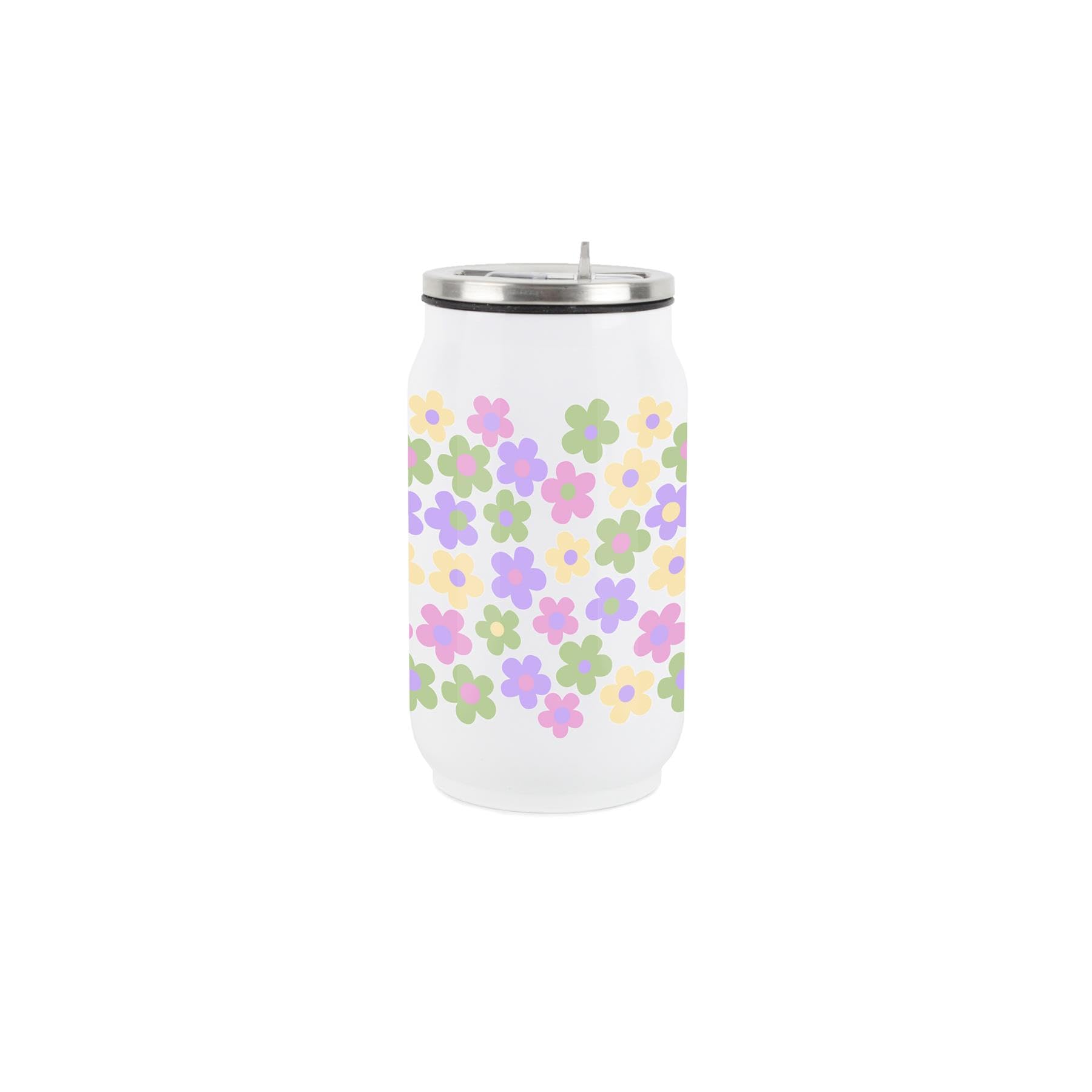 Pastel Daisies Drinking Flask with Built in Straw - Pink & Purple Flowers Reusable Stainless Steel Cold Drinks Travel Mug Gift 250ml (9 fl oz)
