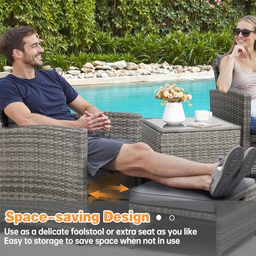Shintenchi 5 Pieces Patio Furniture Set, Outdoor Wicker Patio Conversation Set with Ottoman, All Weather Rattan Outside Chairs with Coffee Table & Cushion for Porch, Garden, Backyard, Gray - Image 4