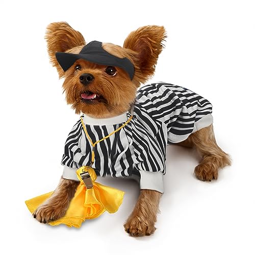 Amylove 4 Pcs Referee Dog Halloween Costume Include Black And White Striped Sleeveless T Shirts Adjustable Dog Hat With Ear Holes Yellow Penalty Flag Stainless Steel Sports Whistles With Lanyard thumb #5