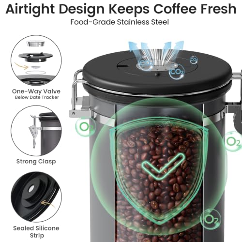 Image of Veken Coffee Canister with Window, Airtight Stainless Steel Container, 22OZ | Date Tracker,Kitchen Food Storage Organizers for Beans, Ground, Espresso, Rice,Tea, Sugar,Cereal, Gifts,Lids,Jars, Scoop,Grey