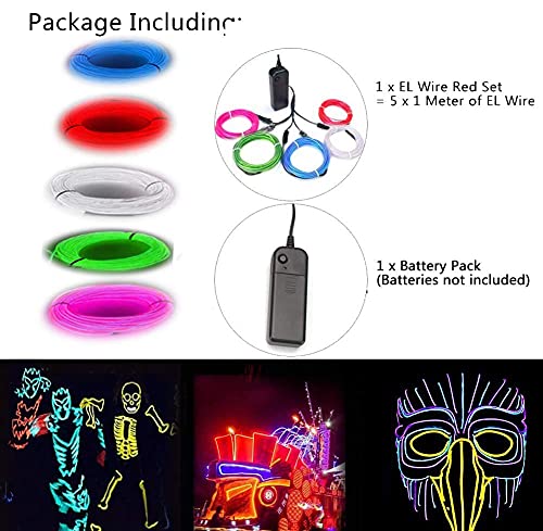 Image of MaxLax EL Wire, Noise Reduction Neon Light 5 in 1 Meter (red,White,Blue,Green,Pink), Electroluminescent Wire for Halloween Decoration, Christmas Party, DIY Decoration