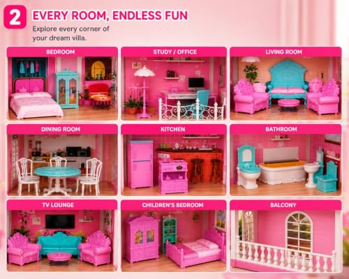 Image of 4-Storey Dream Dollhouse Villa Play Set with Furniture, Puppy & Garden Accessories | Large DIY Doll House for Girls | Educational Pretend Play Toy (Pink)