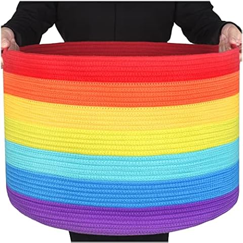 MINTWOOD Design Extra Large 22 x 14 Inches Blanket Storage Basket, Laundry Basket, Decorative Woven Cotton Rope Baskets for Blanket Storage Living Room, Toy Storage Basket Bin, Rainbow Cover