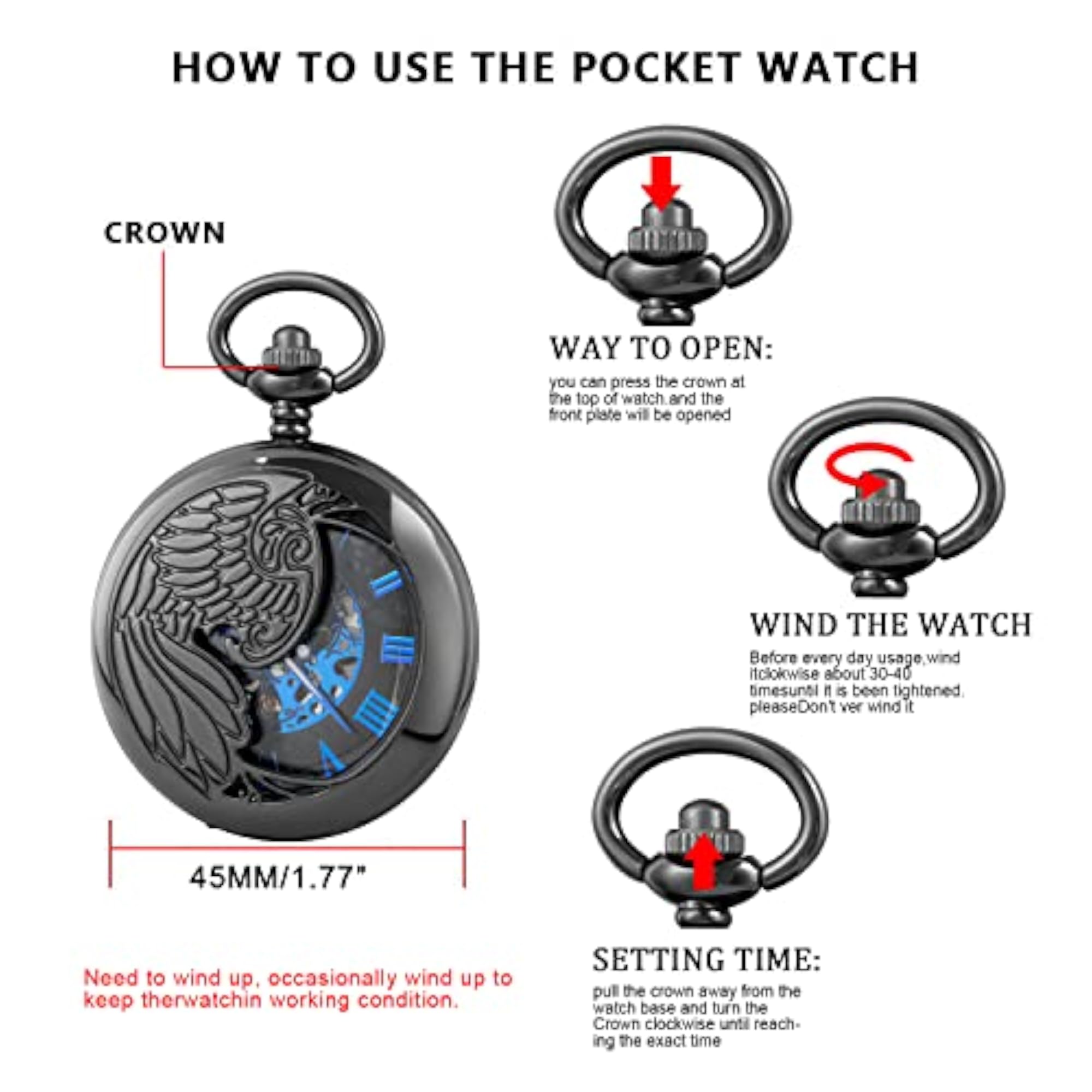 Men's Black Mechanical Pocket Watch with Chain, Birthday Gift