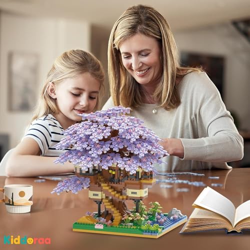 Image of Cherry Blossom Tree House Micro Blocks Set, 2229+ PCS Japanese Sakura Bonsai Treehouse STEM Toys with Purple Flowers for Adults & Kids | 1 Year Manufacturing Warranty