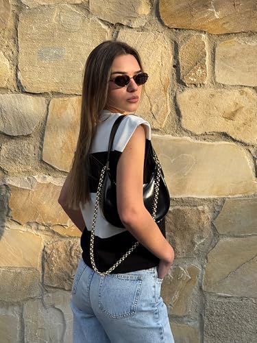 Image of HVT Womens Sweater Vest Cap Sleeve Tops Summer Loose Fashion Vest Striped Casual Shorts Sleeve Color Block Top Trendy Blouses Black