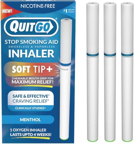 QuitGo Soft-Tip Smokeless Vapor-Less Inhaler | 100% Natural Nicotine-Free Inhaler for Oral Support Habit Replacement When You Want to Quit Smoking (3 Pack Menthol)
