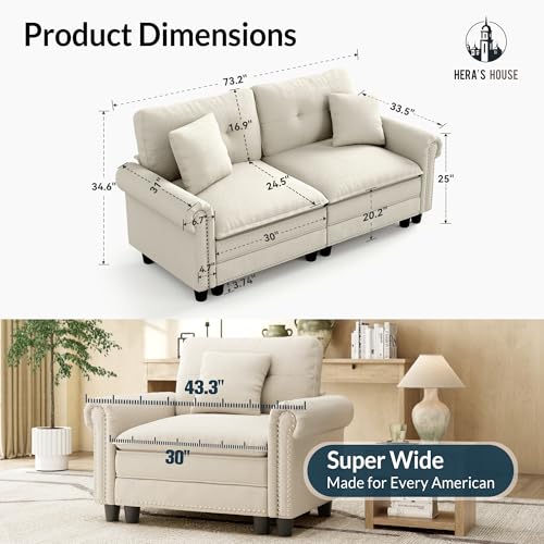 Image of HERA'S HOUSE 73.2 inch Modular Loveseat Cloud Couch Deep Seats & Rolled Arms | Mid-Century Modern 2-Seater Loveseat, Beige, Nailhead Trim, Wider Deeper Seats, Soft Chenille Sofa for Living Room Bedroom