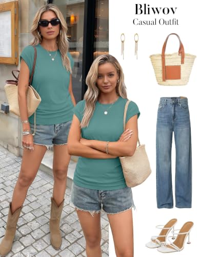 Image of Bliwov Womens Summer Tops Cap Sleeve Crew Neck Casual T Shirts