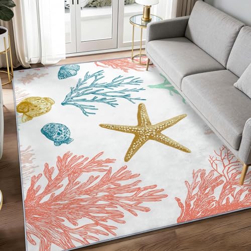 Tapis poils courts lavable impression 3D corail avec envers antidérapant - 2