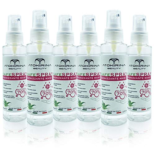 ATOKIRINA SAFE Spray Igienizzante antibatterico con estratto di Aloe Vera Formulazione al 70% di alcool etilico. Protezione istantanea da batteri e agenti contaminanti Ideale in ambienti ospedalieri