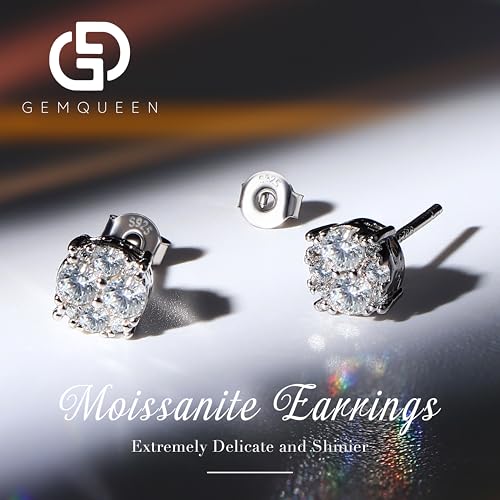Moissanite Stud Earrings 18K White Gold Plated 925 Sterling Silver Moissanite Stud Earrings with Silicone Back for Women Men 1/2Ct Brilliant Round Cut D Color VVS1 Clarity2