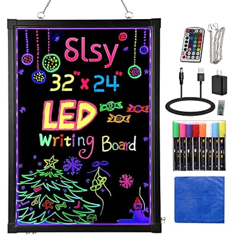 Slsy Illuminated LED Message Writing Board Erasable Neon Effect Menu Sign Board with 8 Fluorescent Makers, 12Colors Flashing Modes, Remote Control Message Board (28"X20") Cover