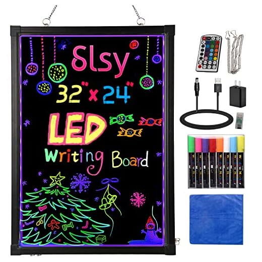 Slsy Illuminated LED Message Writing Board, 20"X28" Erasable Neon Effect Menu Sign Board with 8 Fluorescent Makers,12Colors Flashing Modes,Remote Control Message Board