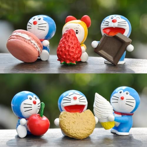 Skulpturen von 6 Niedlichen Mini Doraemon Figuren,Kuchendekoration，Cupcake Toppers，Gartenfiguren，Feengarten-Zubehör，Mikro Landschaft Gartendekoration