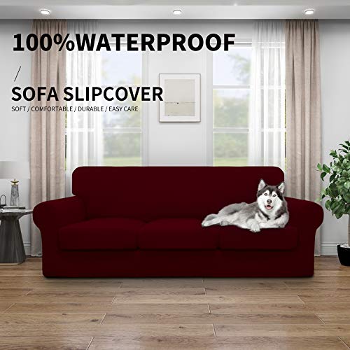 Image of Easy-Going Waterproof 4 Pieces Stretch Couch Cover for 3 Cushion Wine | 100% Dual Waterproof Sofa Slipcover for 3 Separate Cushion Couch Leakproof Furniture Protector for Kids, Pets
