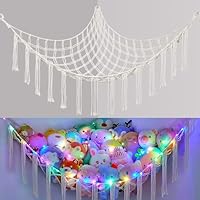 EllaSeek Toy Hammock for Stuffed Animals Large Soft Toy Storage Organizer with LED Lights, Corner Hanging Net Soft Cuddly Holder for Kids Girls Preppy Room Bedroom Nursery Playroom Decor