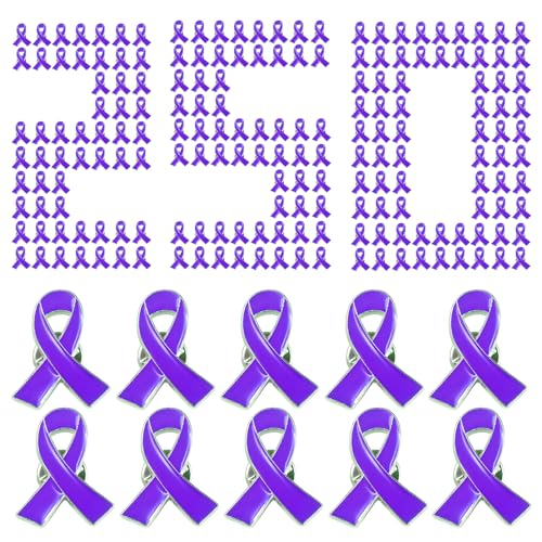 Image of 250 Pcs Purple Ribbon Pins Alzheimers Domestic Violence Awareness Products | Pancreatic Cancer Lupus Awareness Pin