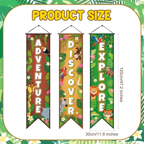 Image of Chiisong 3 Pcs Safari Party Decorations Jungle Banners Animal Safari Backdrops Adventure Explore Hanging Porch Sign for Wild Jungle Zoo Birthday Party 2026 VBS Classroom Home Door Wall Decor