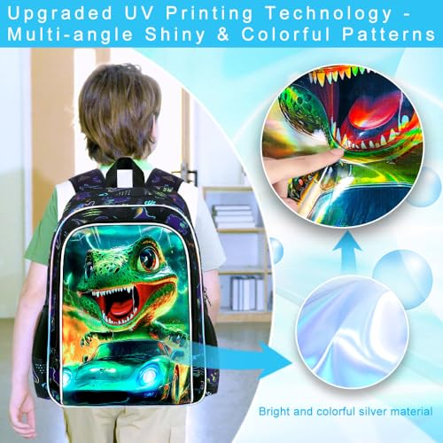 Image of 16 inch Dinosaur Backpack, Boys Kids Bookbag with Lunch Box, 3Pcs Dino Cars School Backpacks for Elementary Preschool Kindergarten (Black)