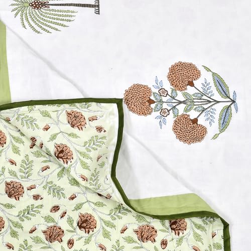 Image of BLOCKS OF INDIA Hand Block Printed Cotton Single Size Reversible Malmal Dohar for Summer (Open Green Motif)