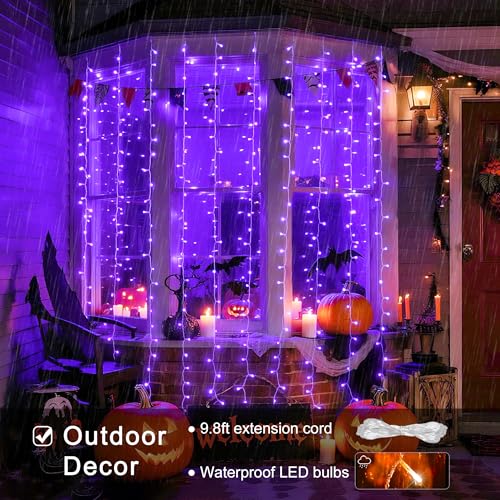 Image of JMEXSUSS 300LED Purple Halloween Lights, 9.8x9.8ft Curtain Lights Plug in | With Remote, 8 Modes, Hanging String Lights for Indoor, Outdoor, Bedroom, Window, Party, Backdrop, Xmas, Halloween Decoration