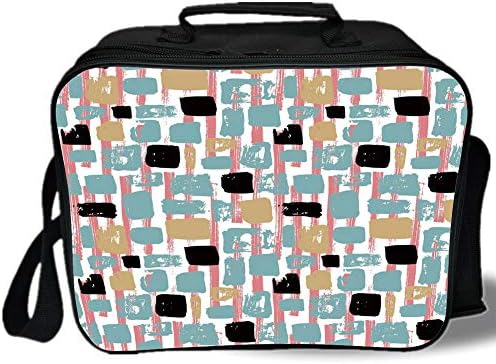 Insulated Lunch Bag,Geometric,Grunge Hipster Themed Abstract Shapes Cool Retro Vibes Lines with Rectangles,Multicolor,for Work/School/Picnic, Grey