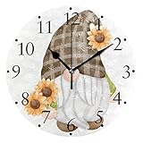 HUSSRITY Sunflower Gnome Wall Clock Silent Non Ticking Modern Art Round Wall Clock Hanging Battery Operated Clock for Kitchen Living Room Bedroom Decor