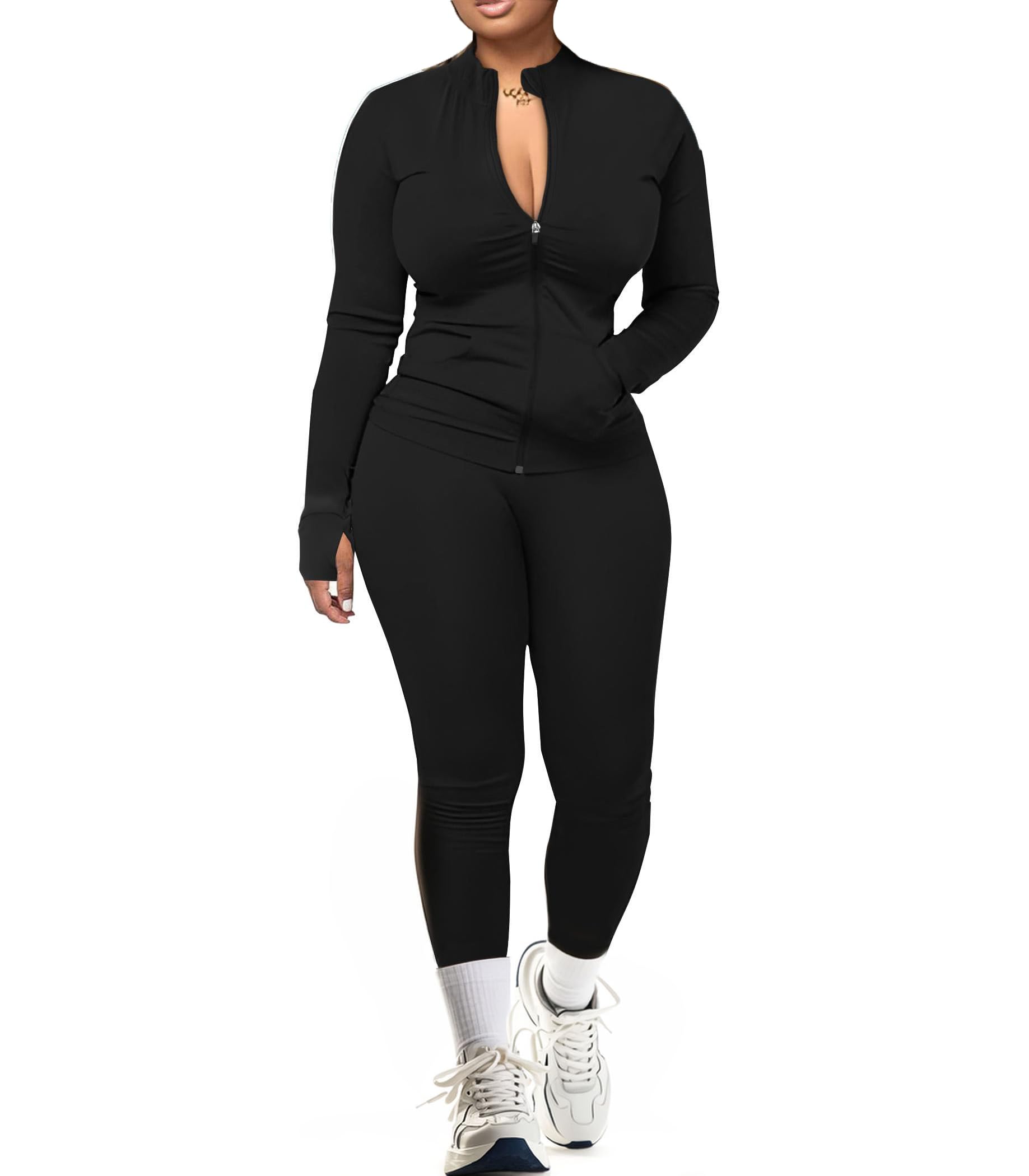 UOUA Two Piece Outfits Women Tracksuit Sets Long Sleeve Zip Up Jacket & Leggings for Gym Workout Set