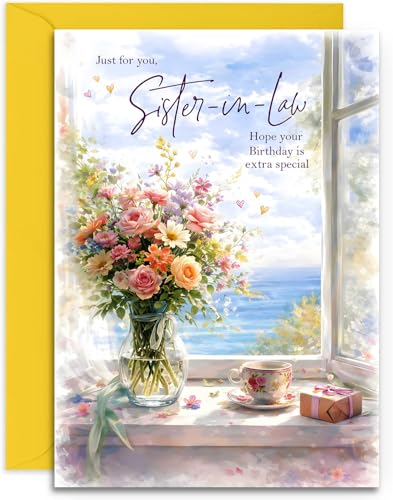 Sister-in-Law Birthday Card - Summer Bouquet with Lovely Verse Inside - Traditional Birthday Card for Women - A5 Size Card with Yellow Envelope