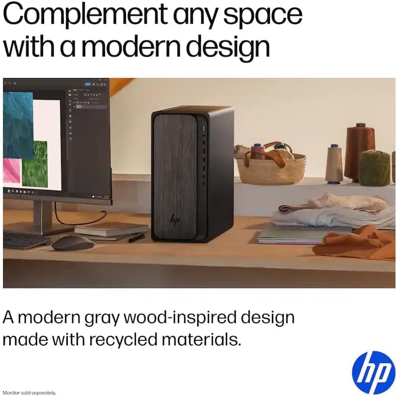 Image of HP OmniDesk Tower Desktop PC, AMD Ryzen 3 8300G 4‑Core Processor up to 4.9GHz, 8GB DDR5 5200MHz RAM, 256GB PCIe SSD, AMD Radeon 740M, Wi‑Fi 6, Windows 11 Home, Gray Wood, Keyboard & Mouse