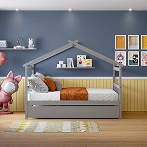 House Full Bed with Trundle for Kids, Wood Full Daybed Roof, Full Size Platform Frame, Full Canopy Bed, Playhouse Teens, Girls & Boys,No Box Spring Needed,Gray House Full Bed with Trundle for Kids Wood Full Daybed Roof Full Size Platform Frame Full Canopy Bed Playhouse Teens Girls BoysNo Box Spring NeededGray