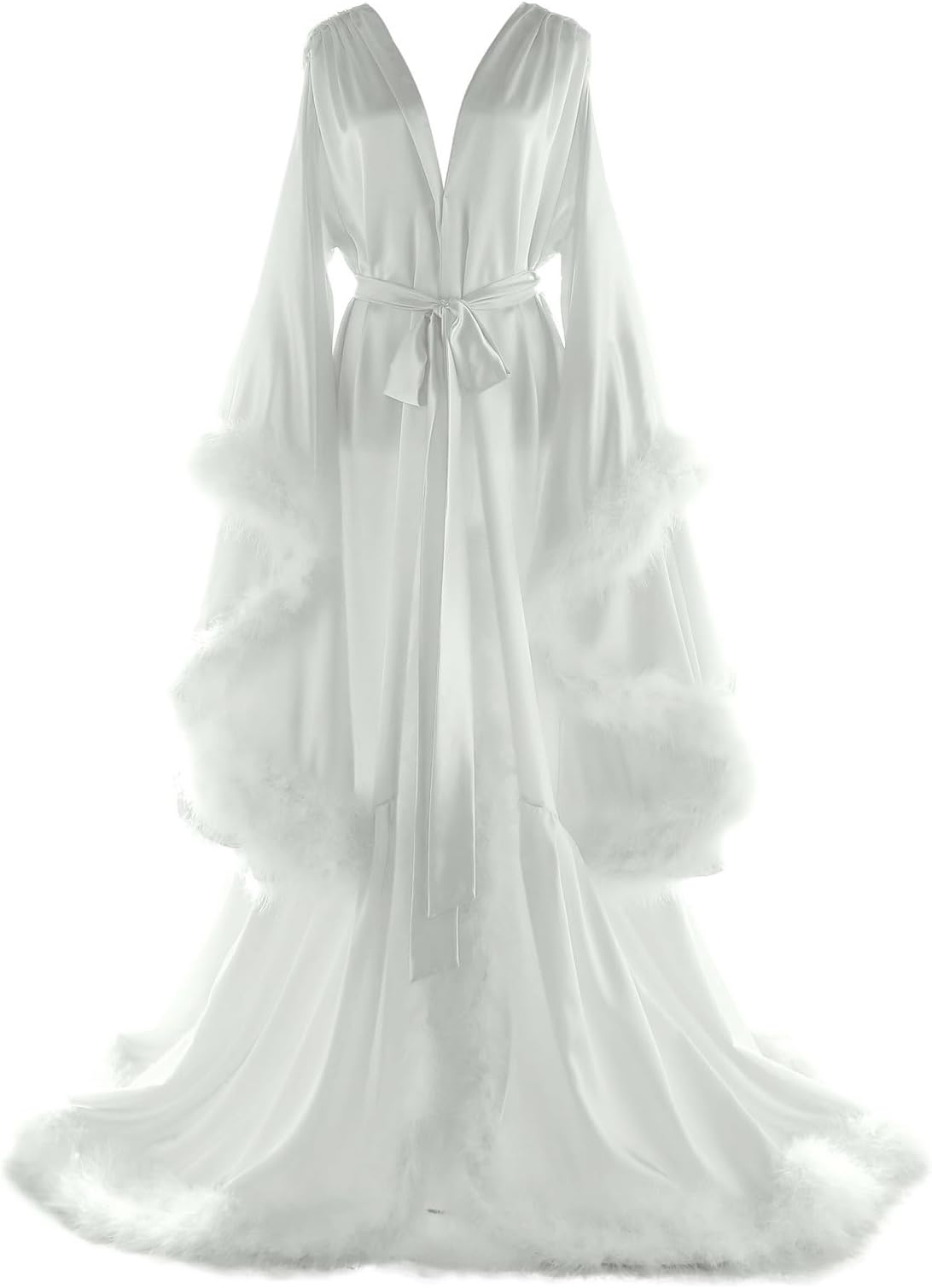 Women's Feather Bridal Robes Old Hollywood Maternity Photoshoot Nightgown Silk Bathrobe Long Lingerie
